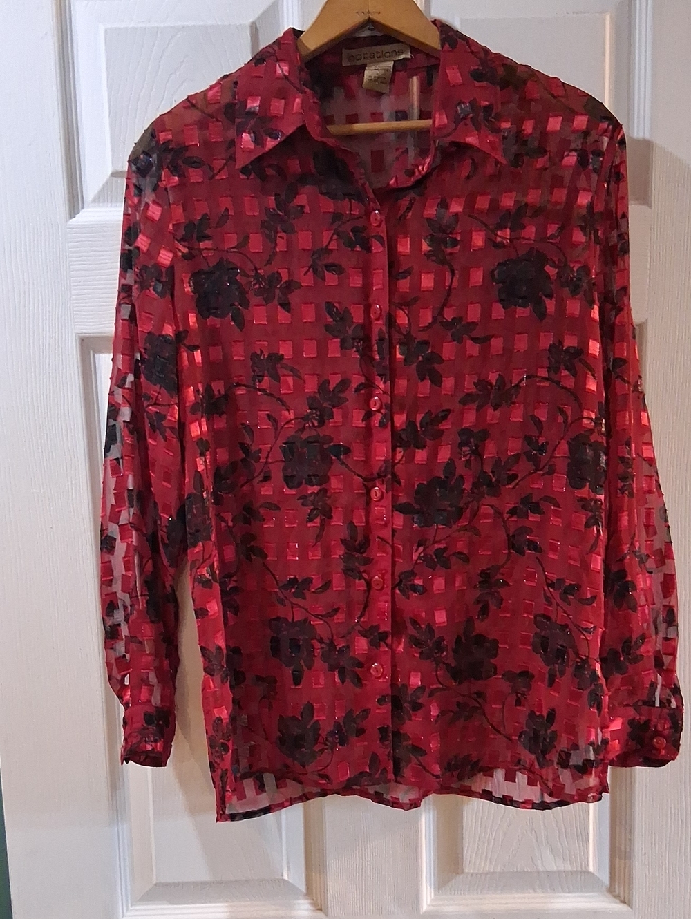 Notations Red Sheer Floral Button-Down Shirt